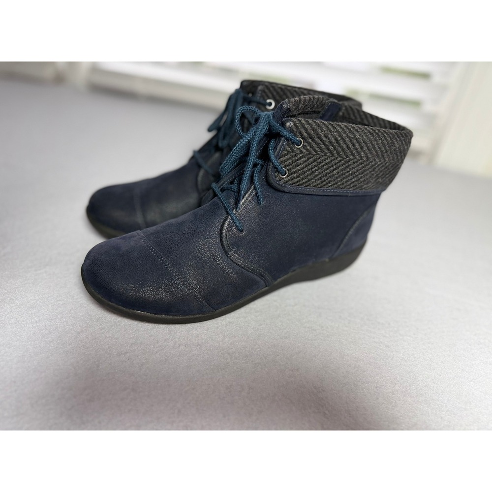 Clarks Cloudsteppers Tana Navy Blue Ankle Boots Herringbone Trim Womens 10